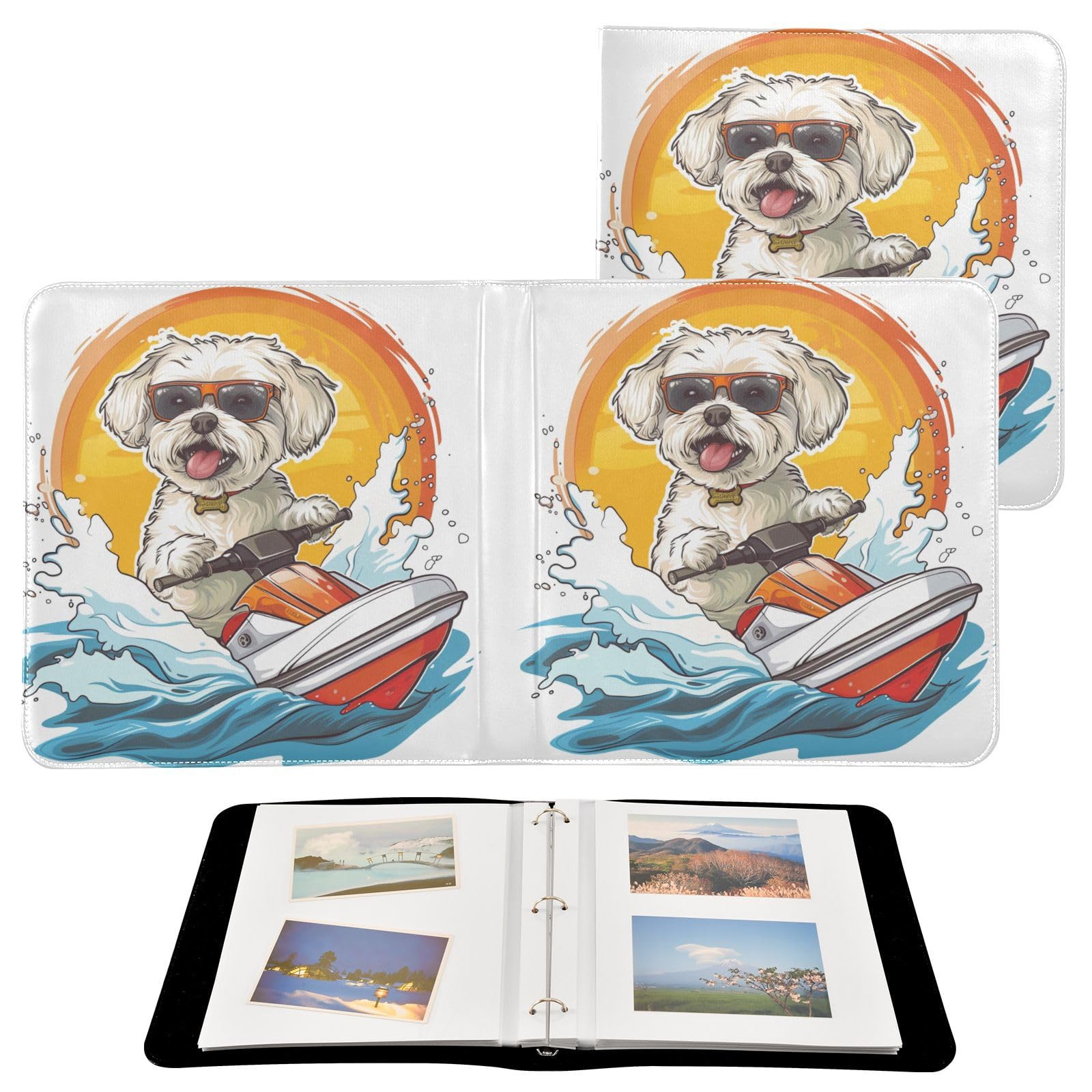 JIPONI Bishop Dog in A Motorboat Large Photo Album, DIY Leather Cover Scrapbook Albums for 4x6 5x7 6x8 Pictures, Self Adhesive Memory Book for Wedding, Baby, Family