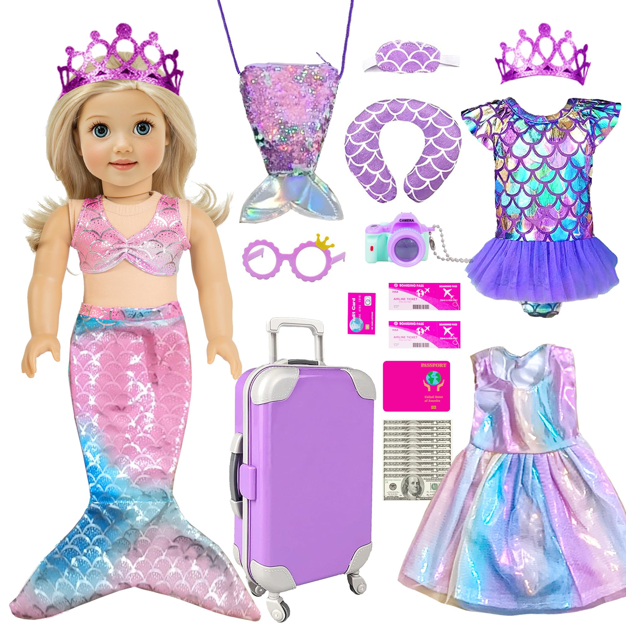 Mermaid 18 inch Doll Clothes and Doll Accessories Case Luggage Travel Play Set Include Suitcase, Dresses, Bag, Camera, Glasses, Pillow, Eyeshade Etc (No Doll)
