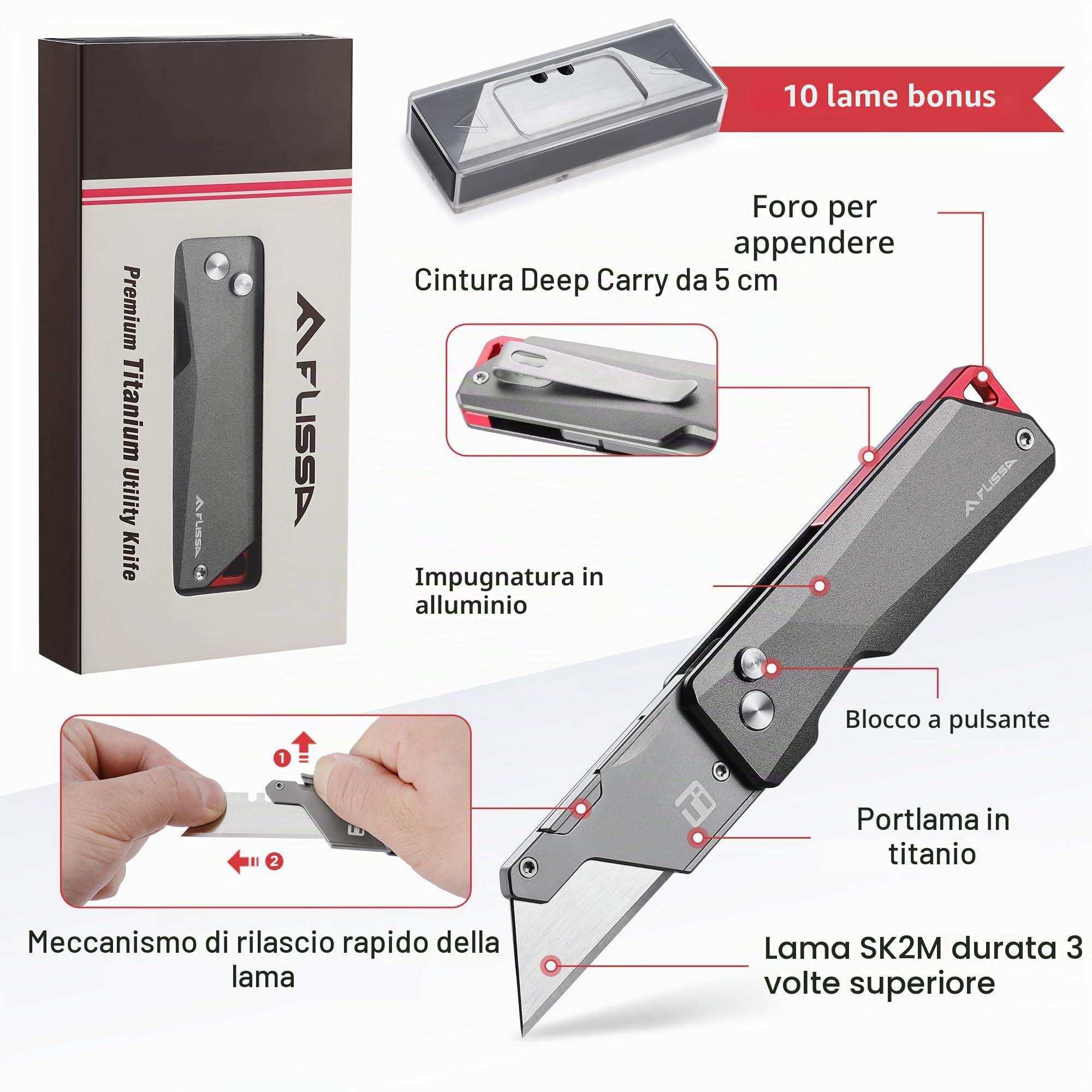 FLISSA Taglierino Multiuso con Lama Rimuovibile in Titanio, Design CNC