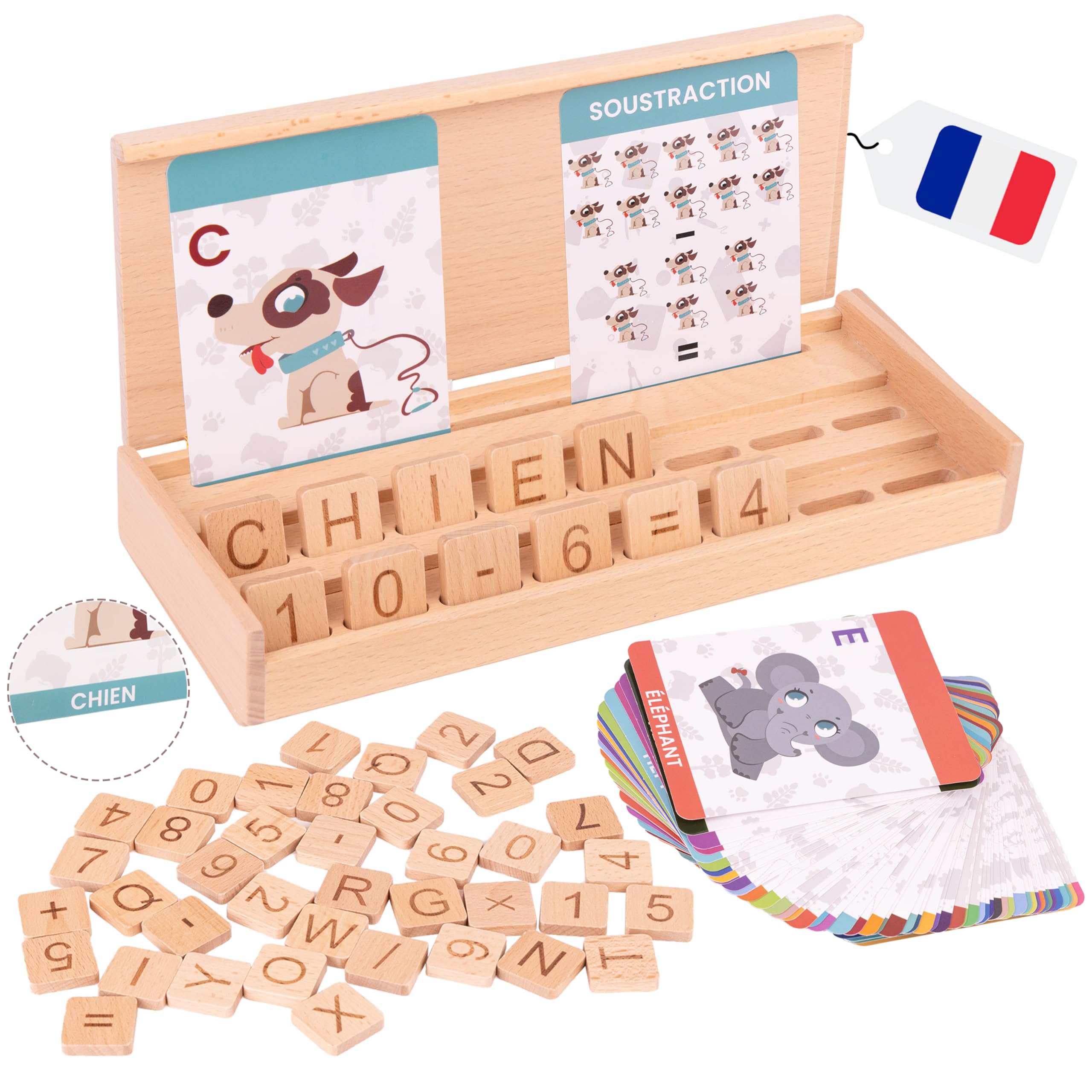 Estuche Montessori 3 en 1 de Madera – Lectura, Ortografía & Cálculo – 106 Piezas (Letras y números) – Juego Educativo Autocorrectivo Aprender a Leer y Contar – Niño 3-8 Años