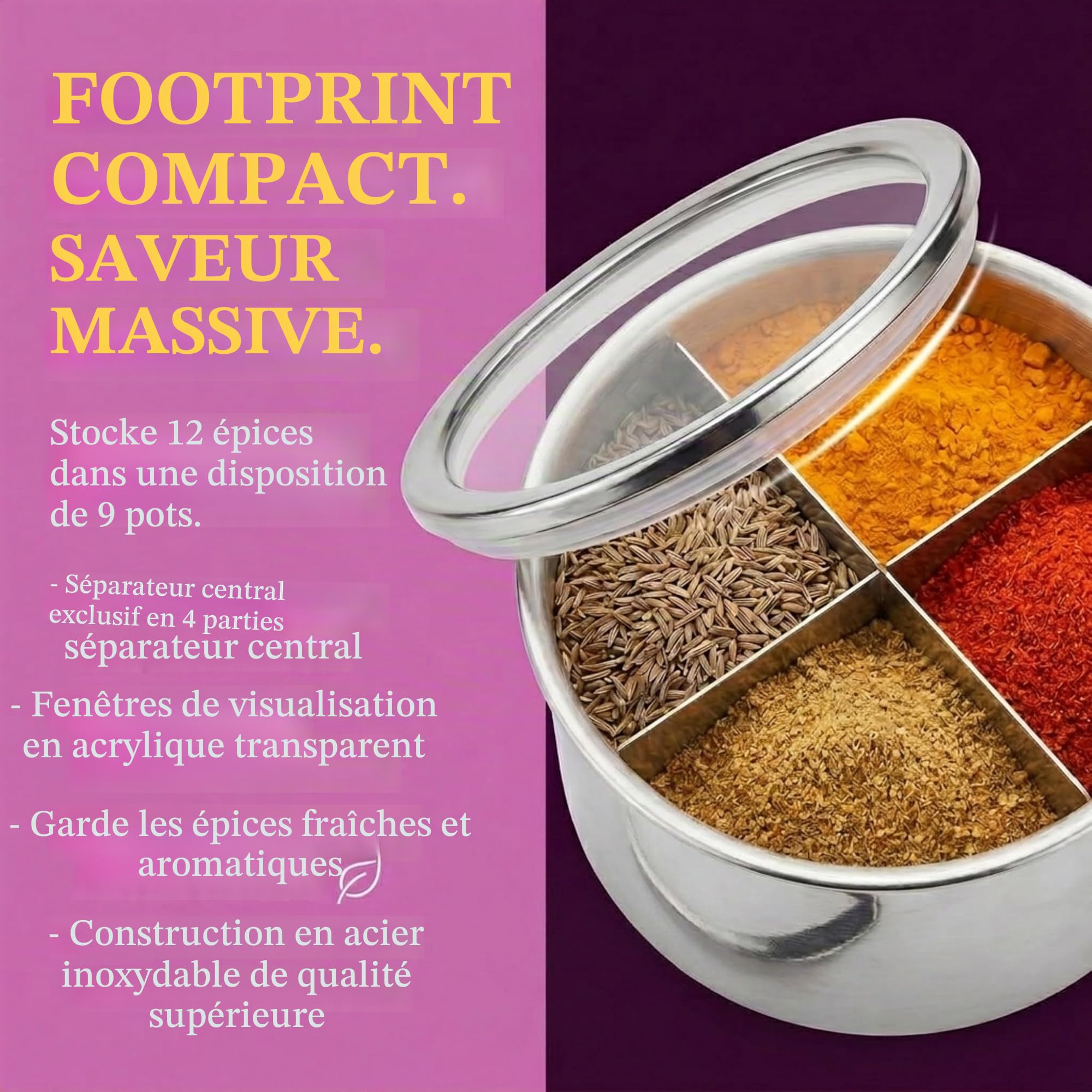 Bub : Grande boîte à épices Masala Dabba de qualité supérieure de 22 cm | 9 pots à épices avec couvercles individuels | Ensemble d'épices Rajah et livre de recettes | Cuillère et couvercles en