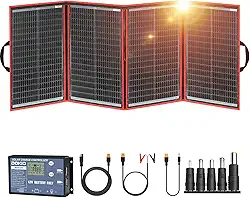 DOKIO Kit de painel solar dobrável portátil de 200 W (51 x 68 cm, 4,4 kg), com controlador separado e USB duplo, carregador monocristalino para baterias de 12 V e estações de energia, reserva de