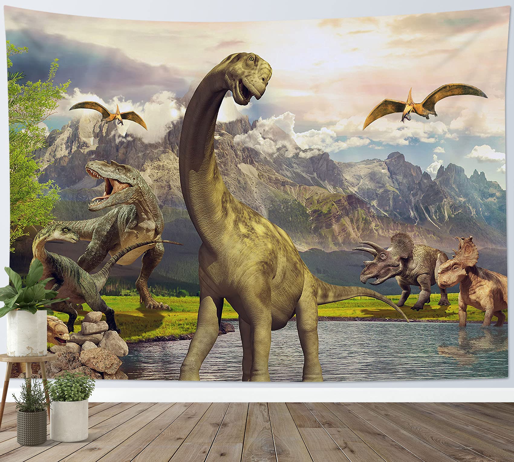 Tapisserie Murale Dinosaure Forêt - Tissu Polyester 200x150 Cm - Décoration Pour Chambre, Salon, Dortoir - Lavable, Avec Clous Sans Trace