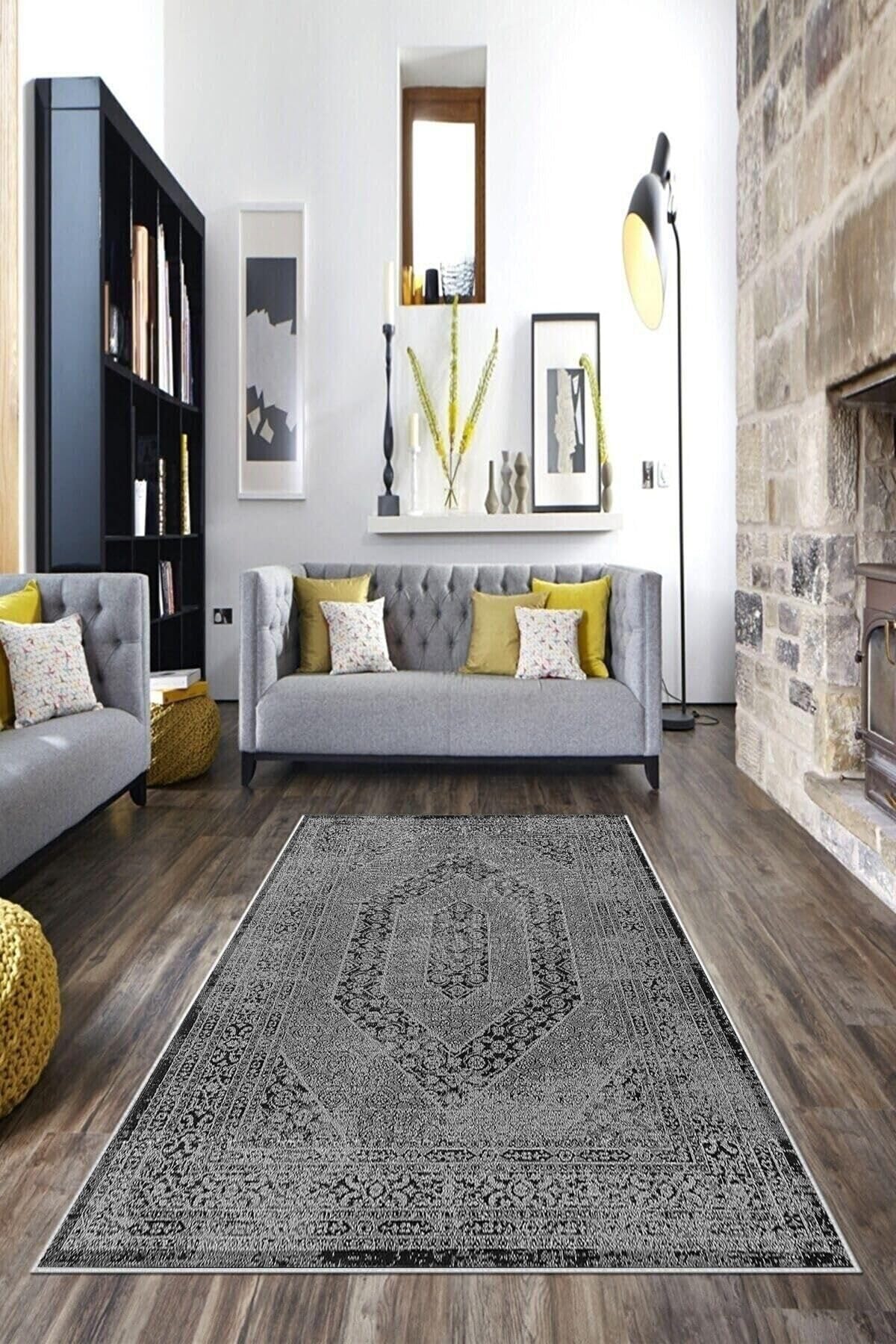 Pelangi Gri Zemin Eskitme Desenli Yıkanabilir Kaymaz Taban Leke Tutmaz Modern Salon Halısı Ve Yolluk, Antrasit 100 x 350, 74571187100350728