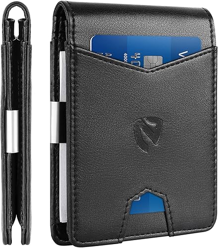 NPET Cartera delgada para hombre, de piel, plegable, con bloqueo RFID, con clip para dinero y caja de regalo, Lichee Negro, Cartera para hombre
