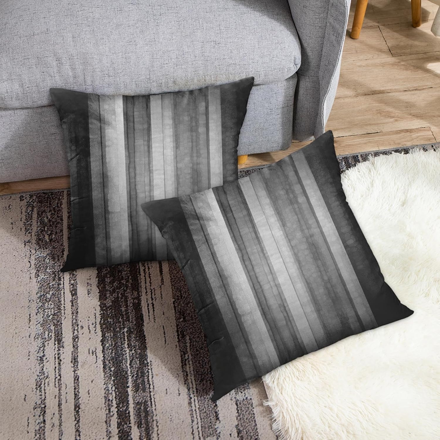 Emvency Set of 2 Throw Pillow Covers 18x18 Inches Black and Grey Striped Design Abstract Glass Texture and Dark Stripe Decorative Polyester Pillow Cases Square Pillocases for Bed Sofa - Image 3