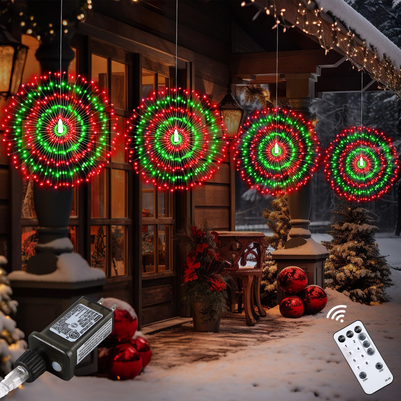 Hohean 4 Pack 1440 LED Plug in Christmas Starburst String Lights, Waterproof Hanging Firework Fairy String Lights 8 Modes with Remote Control for Porch Tent Christmas Party Decor (Red, Green)