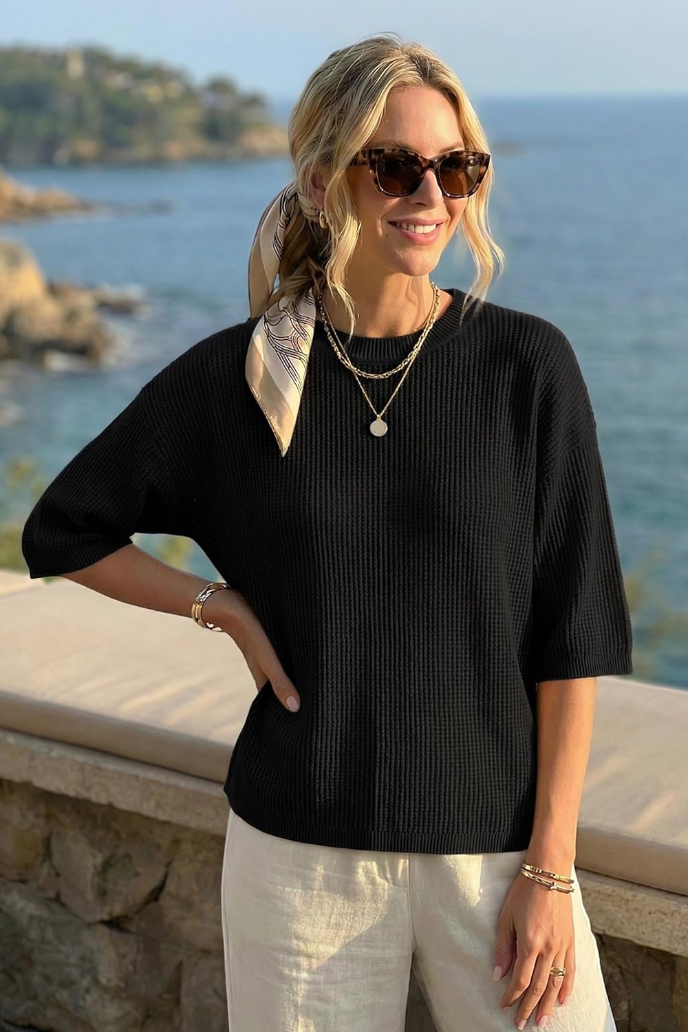 Arach&Cloz Womens 100% Cotton 3/4 Length Sleeve Sweater Crochet Tops Shirts Casual Blouses Resort Wear Summer 2026 - Image 4