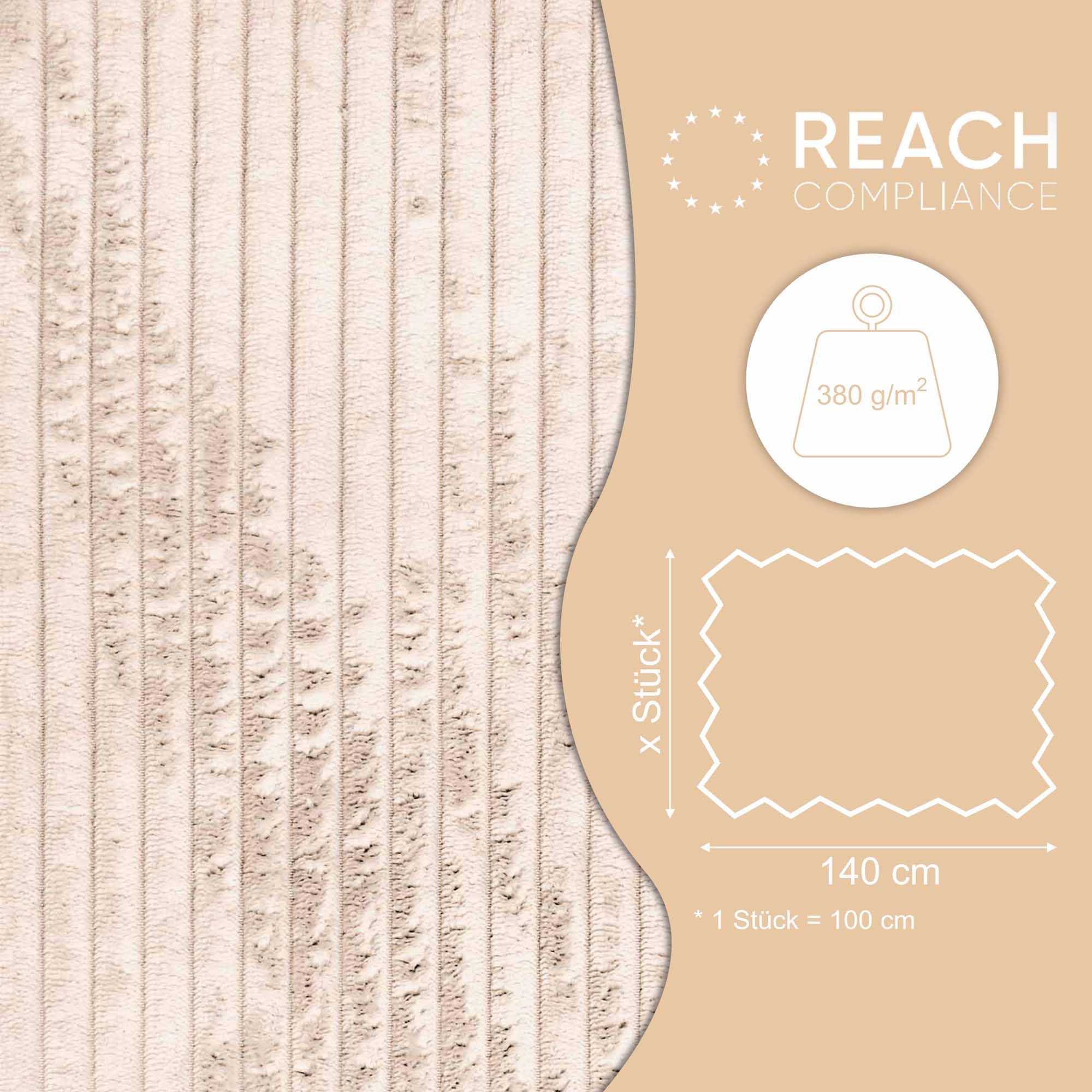 DreamRoots Cord Stoff Meterware Gewicht 380 g/m2 - Polsterstoff Cord Meterware 140 cm breit - Möbelstoff - Breitcord Vanilla Ice