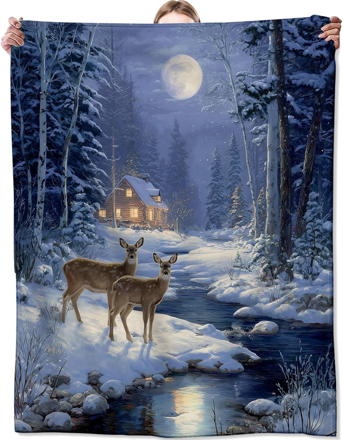 Winter Deer and Cabin Blanket,Gifts for Rustic Nature Lovers,Lightweight Flannel Throw Blankets,Forest Snowy Moonlight Throws Home Decor,for Couch Living Room Office,80x60inch