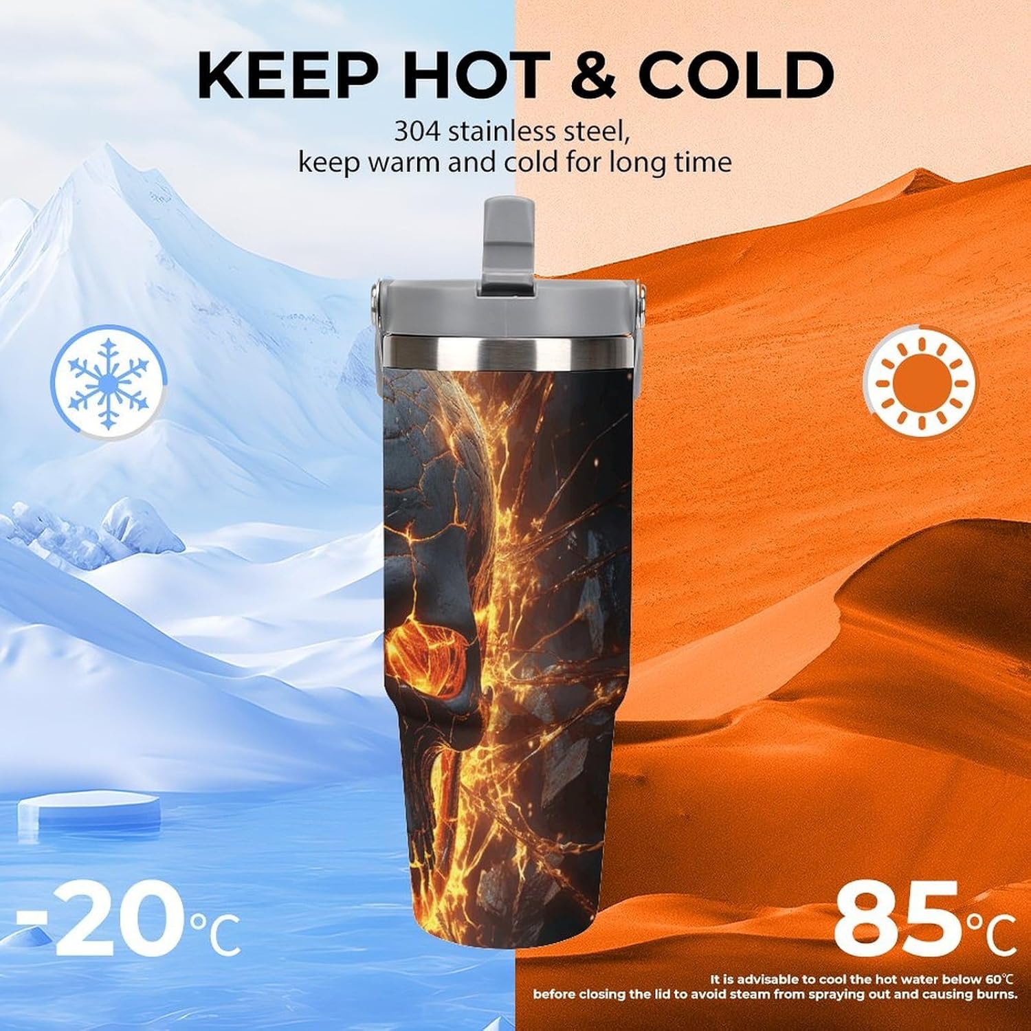 30oz Insulated Tumblers with Top Handle, Stainless Steel Shattering of Skull Car Cup with Straw for Gift, Leak-Proof Double Wall Vacuum Travel Mug, Personalized Water Bottles White