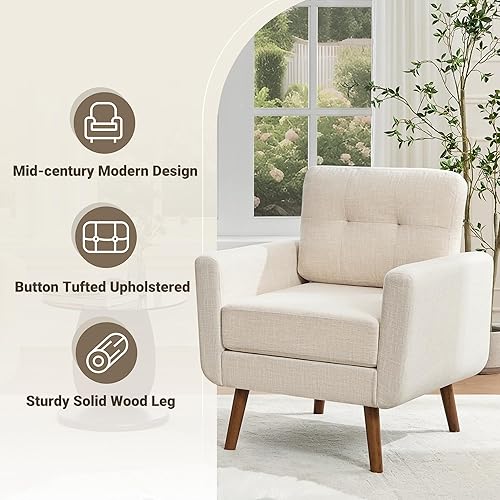 Miniatura 3 de Tbfit Sofá individual de tela de lino, silla de acento, sillón moderno de mediados de siglo para sala de estar, dormitorio, tapizado con botones,