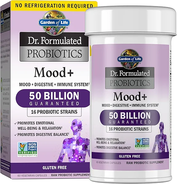 Garden of Life Probiotics Mood+ Dr Formulated Acidophilus Probiotic Supplement - Promotes Emotional Well-Being, Relaxation and Digestive Balance - Ashwagandha for Stress Management, 60 Veggi