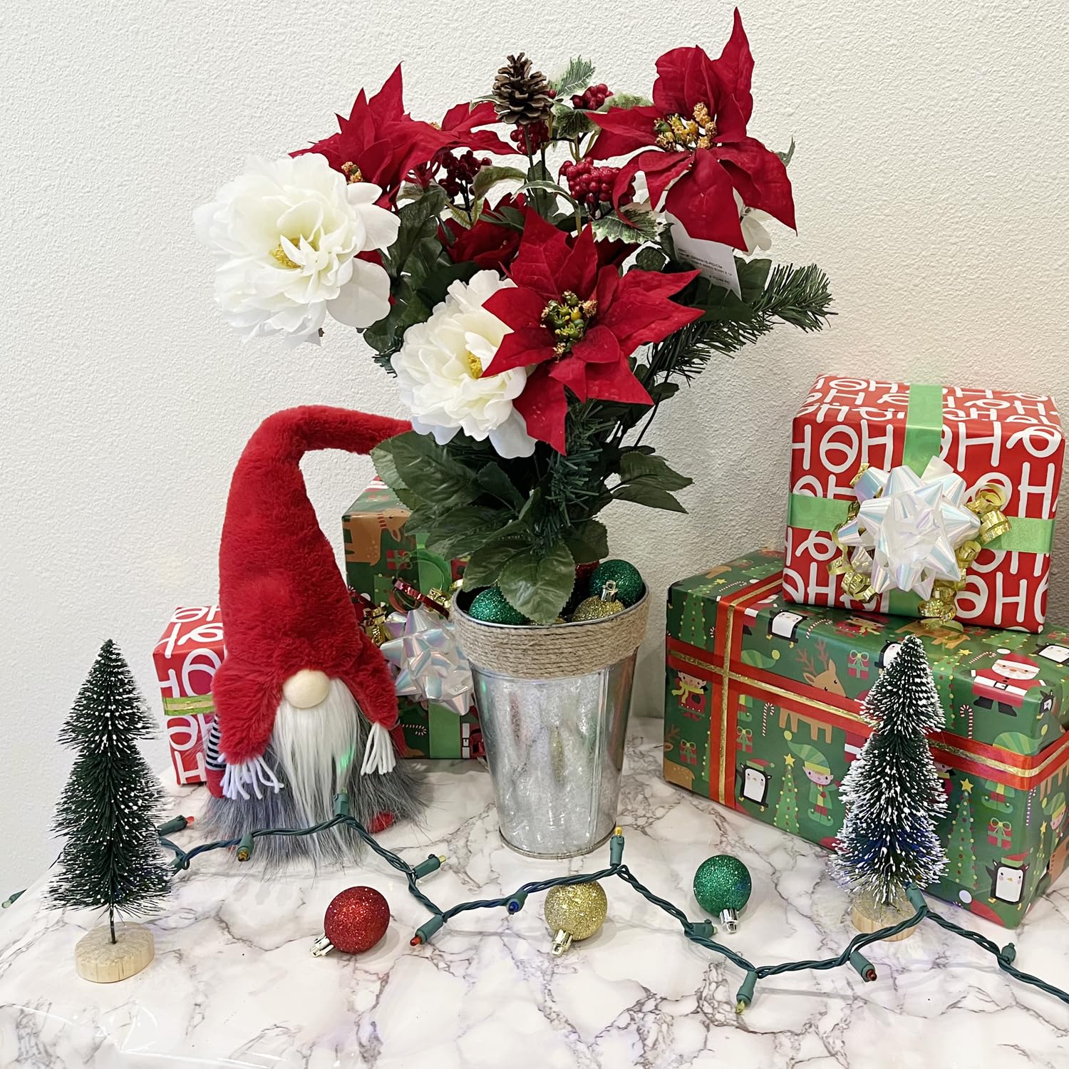 Admired By Nature 18 Stems Artificial Poinsettia Bouquet Fake Christmas Flowers, Faux Velvet Poinsettia Peony Christmas Bush for Home Decor, Holiday Bush, Indoor Floral, Cemetery Flowers, Red/Cream