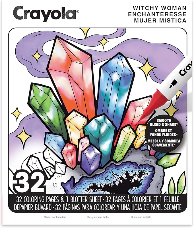 Crayola Witchy Woman Libro para colorear para adultos, 32 páginas, papel apto para marcadores con alcohol, actividad sin pantalla de atención plena, regalos para adultos y adolescentes