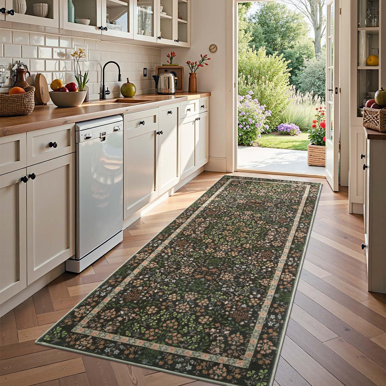 jinchan Zenith Floral Runner Rug 3x8 Washable Kitchen Runner Non-Slip Low-Pile Soft Carpet Runner Botanical Throw Rug for Hallway Entryway Laundry