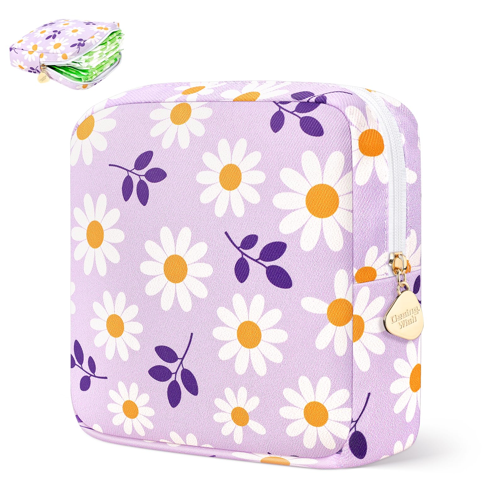Sanitary Pad Storage Bag Portable Period Bag for Teen Pads/Sanitary Napkins/Small Tampons, Sanitary Napkin Storage Bag First Period Gifts for Teen Girls (Purple Daisy)