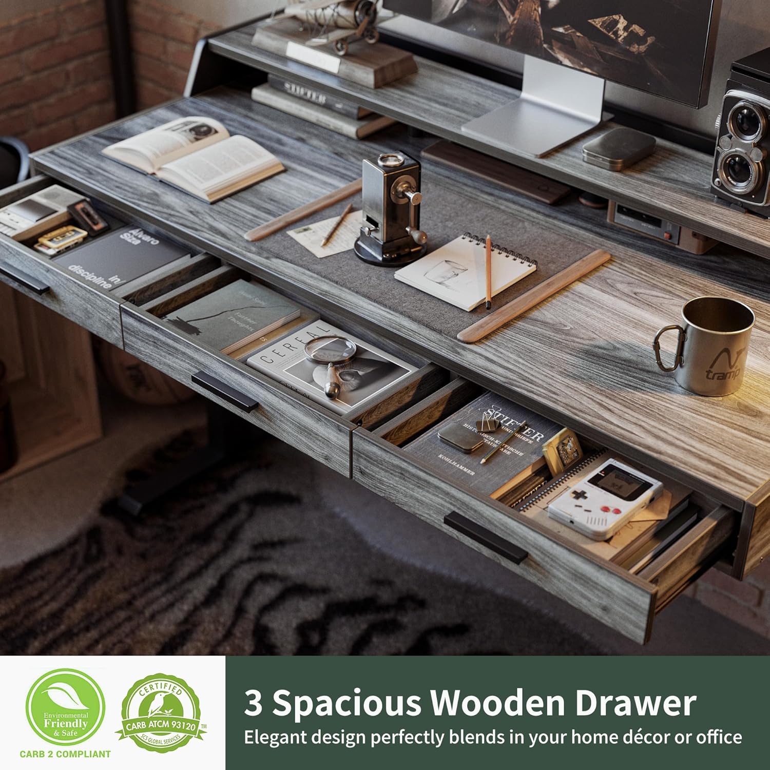 FEZIBO Electric Standing Desk 55x26 Inches with 3 Wood Drawers and Monitor Shelf, Height Adjustable Computer Desk, Ergonomic Rising Home Office Desks, Sit Stand Up Workstation Table, Rustic Grey