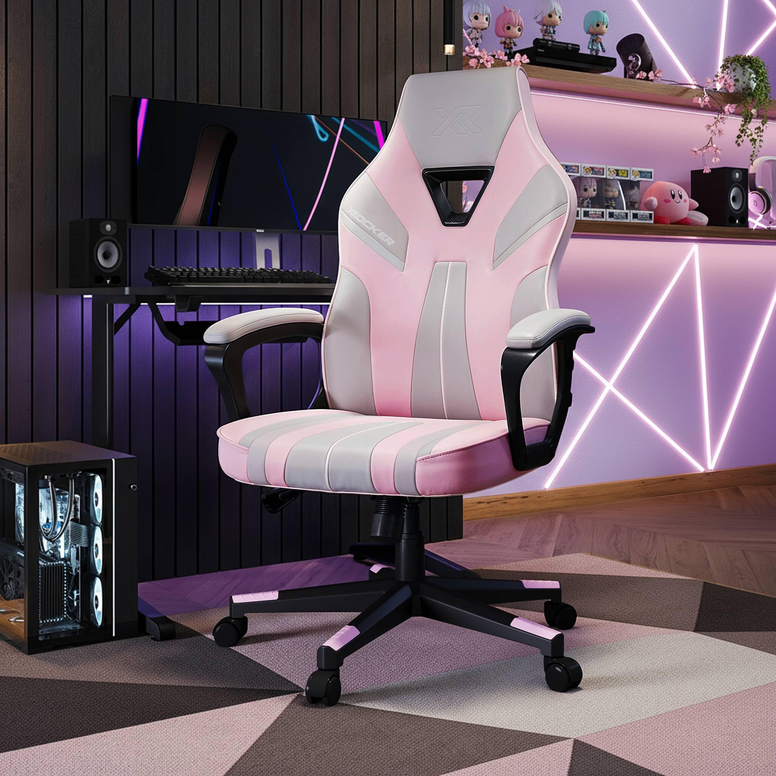 X-Rocker Tempest High Back Ergonomic Office Gaming Chair for Adults & Teens - Extra Wide Seat, Cushioned Armrest, Height Adjustable, Wipe-Clean Faux Leather - Grey/Pink
