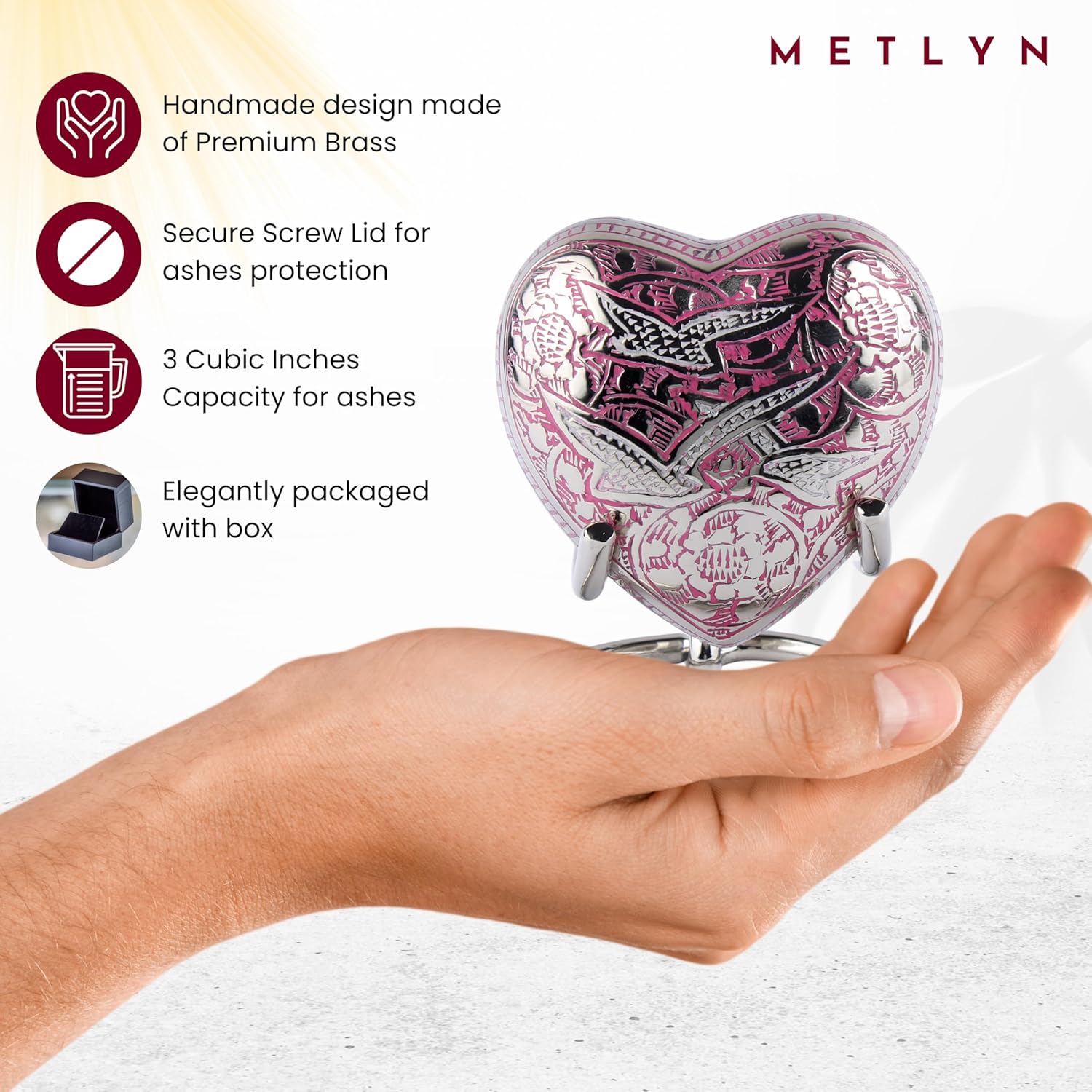 Heart Shaped Brass Small Urn for Human Ashes Keepsake with Engraved Birds – Mini Cremation Urn with Velvet Box & Brass Stand – Memorial Keepsake for Ashes of Adult Male, Female and Infant (Pink) - Image 5