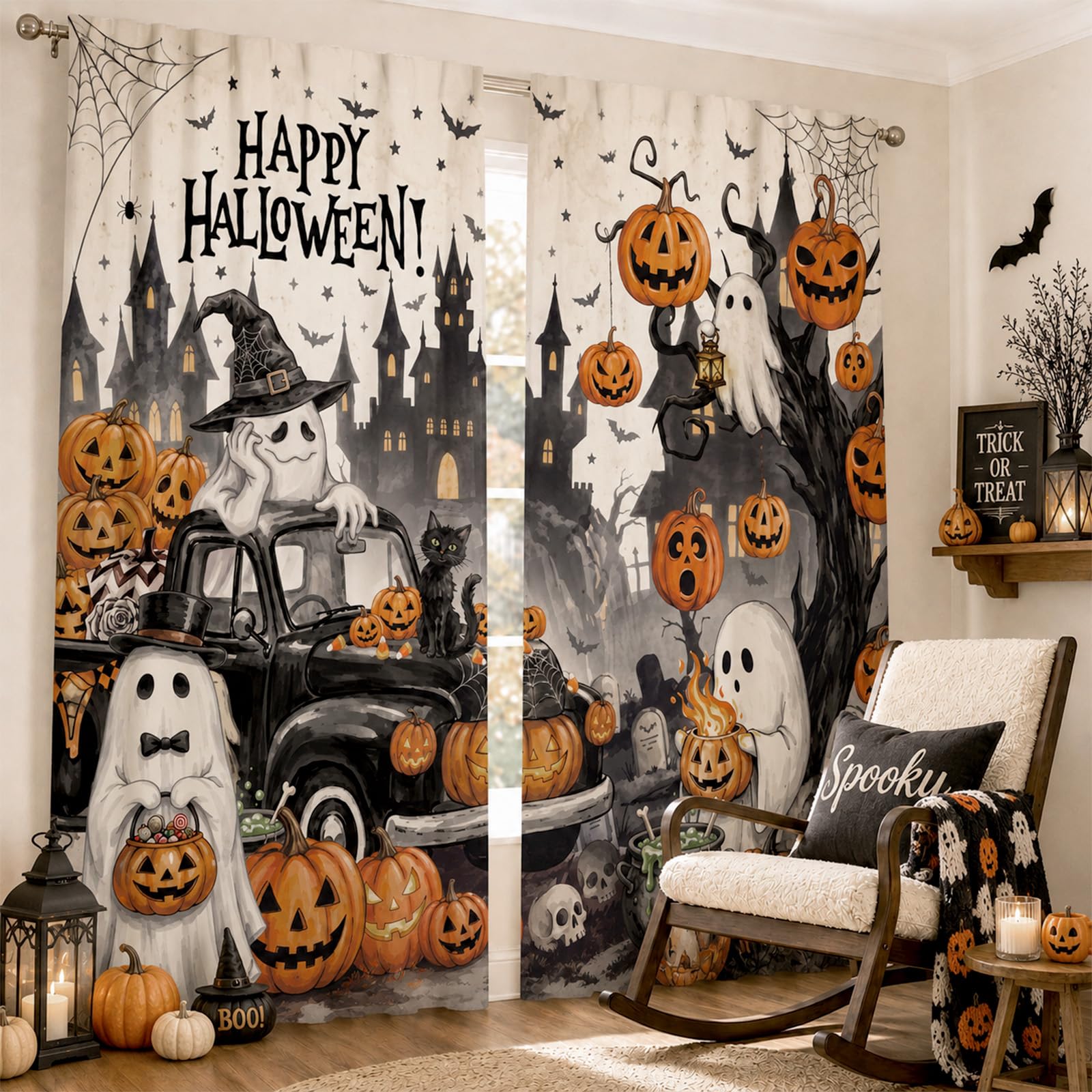 SmoothNovelty 2 Pcs Halloween Curtains for Living Room Ghost Pumpkin Bat