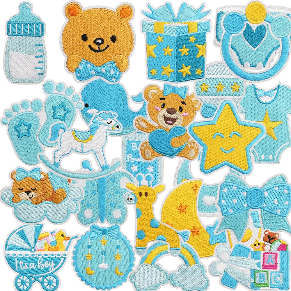 24 Blue Baby Girl Iron on Patches Blue Cartoon Infant Pacifier Bottle Embroidered Applique Patches for Backpacks Pants Clothes DIY Decoration Girl Jeans Dress Jackets Vests Coat Uniforms Hat