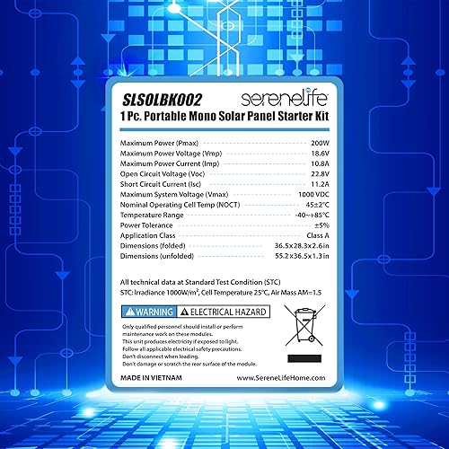 Miniatura 6 de Serenelife Home Serenelife - Kit de panel solar portátil de 200 W, maletín monocristalino plegable con controlador PWM de 20 A, color negro