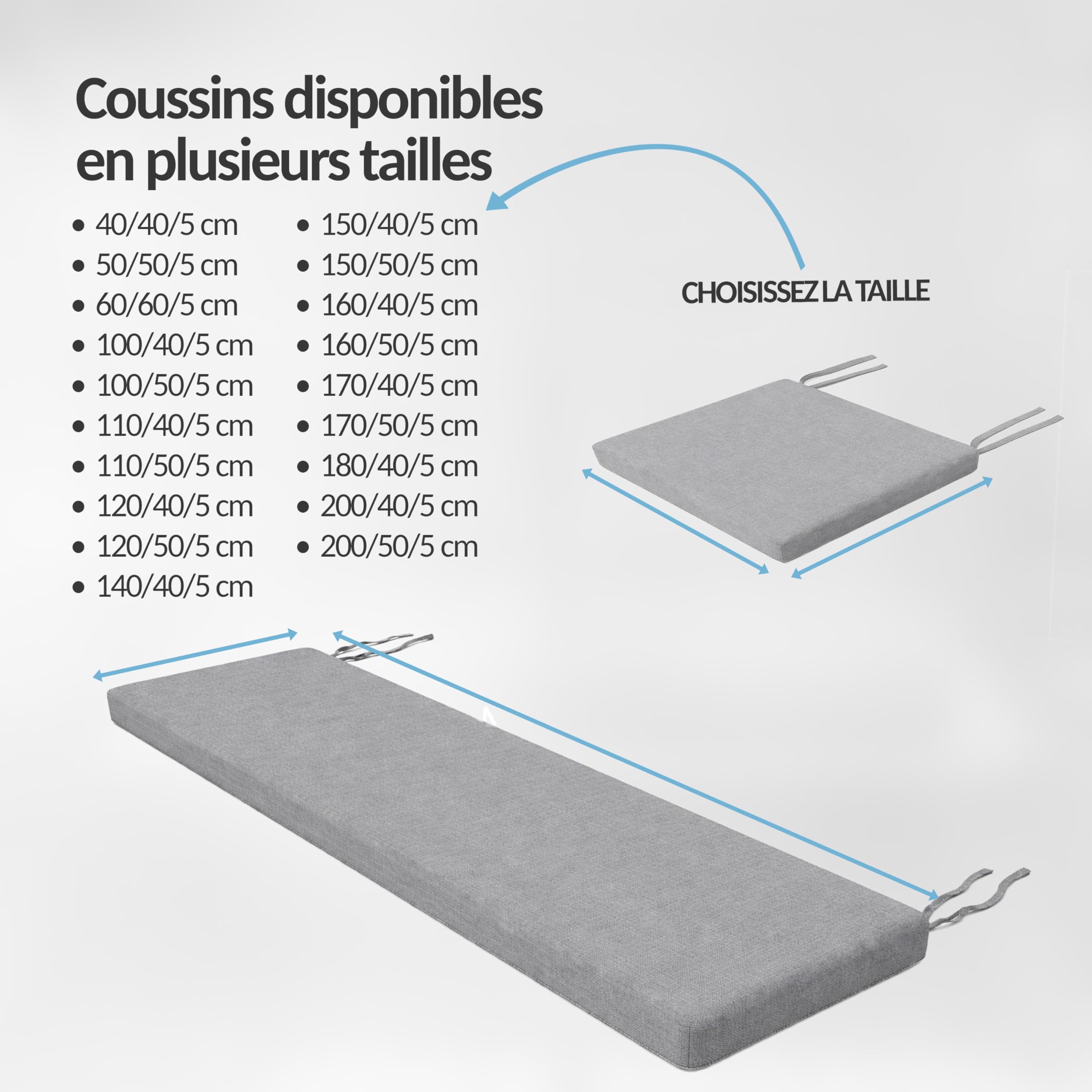 POKAR Coussin de Banc 150x50 cm | Housse Amovible et Liens Antidérapants | Galette d'Assise pour Banc de Jardin, Balancelle et Chaise | Intérieur et Extérieur | Oeko-TEX | Fabriqué en UE | Beige