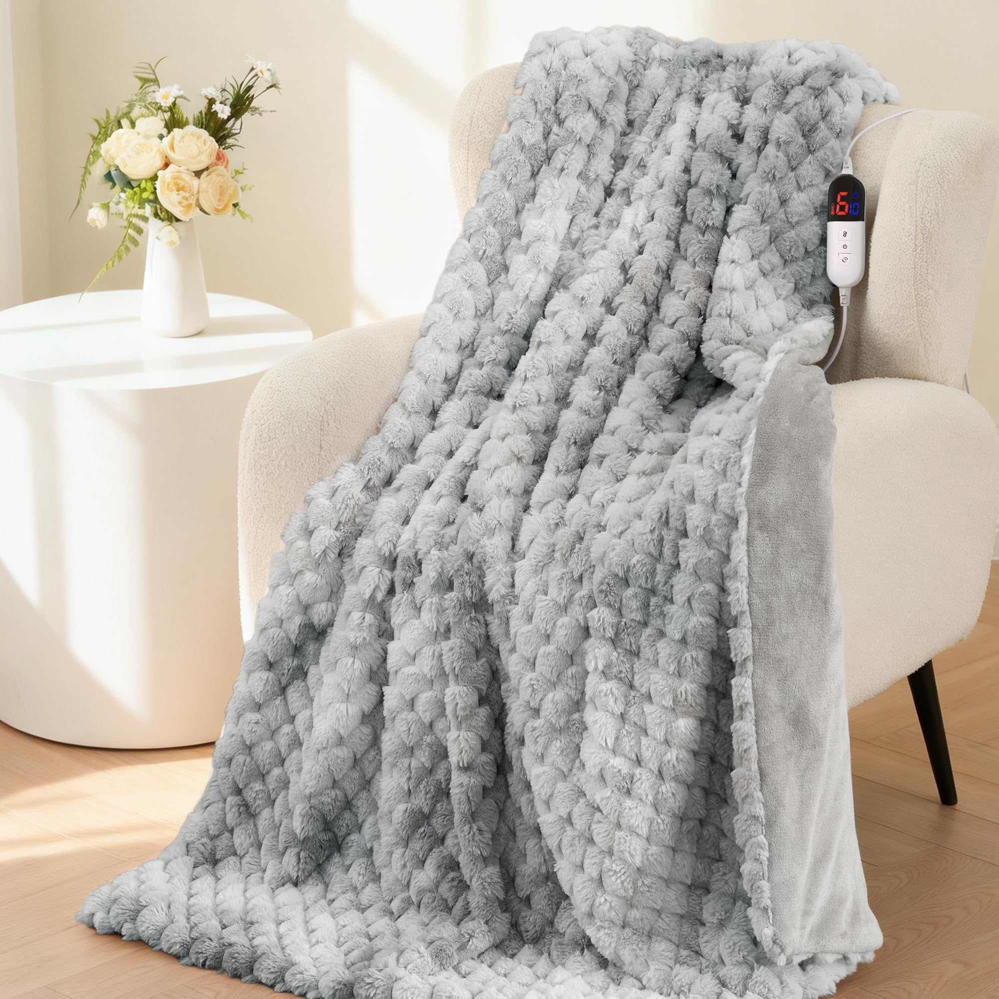 Coperta Elettrica Riscaldante 130x180 cm, Jacquard 3D a Petalo in Peluche di Coniglio & Flanella, 6 Livelli di Calore & Spegnimento Automatico 1-10H, Lavabile per Letto, Divano, Ufficio (Blu)