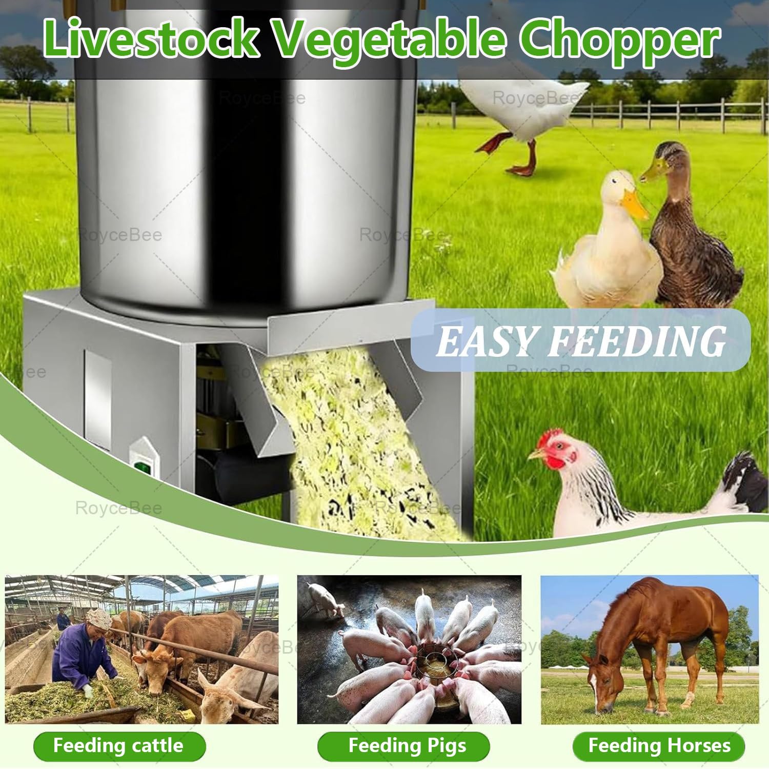 Picadora de Verduras Eléctrica 1800W, 3500 RPM, Trituradora de Cereales y Forraje, Producción 50-120 kg/h, Regulación de Fineza, para Gallinas Camperas, INOX