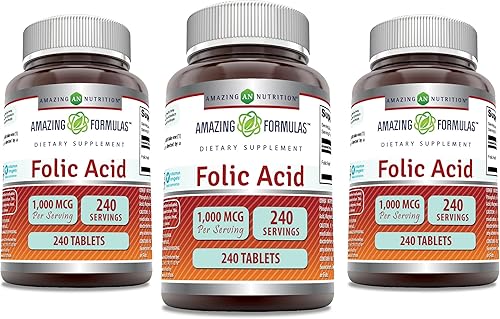 Miniatura 4 de Amazing Formulas Suplemento de ácido fólico de 1000 mcg (1 mg) en tabletas, vitamina B9, sin OMG, sin gluten, fabricado en Estados Unidos (500