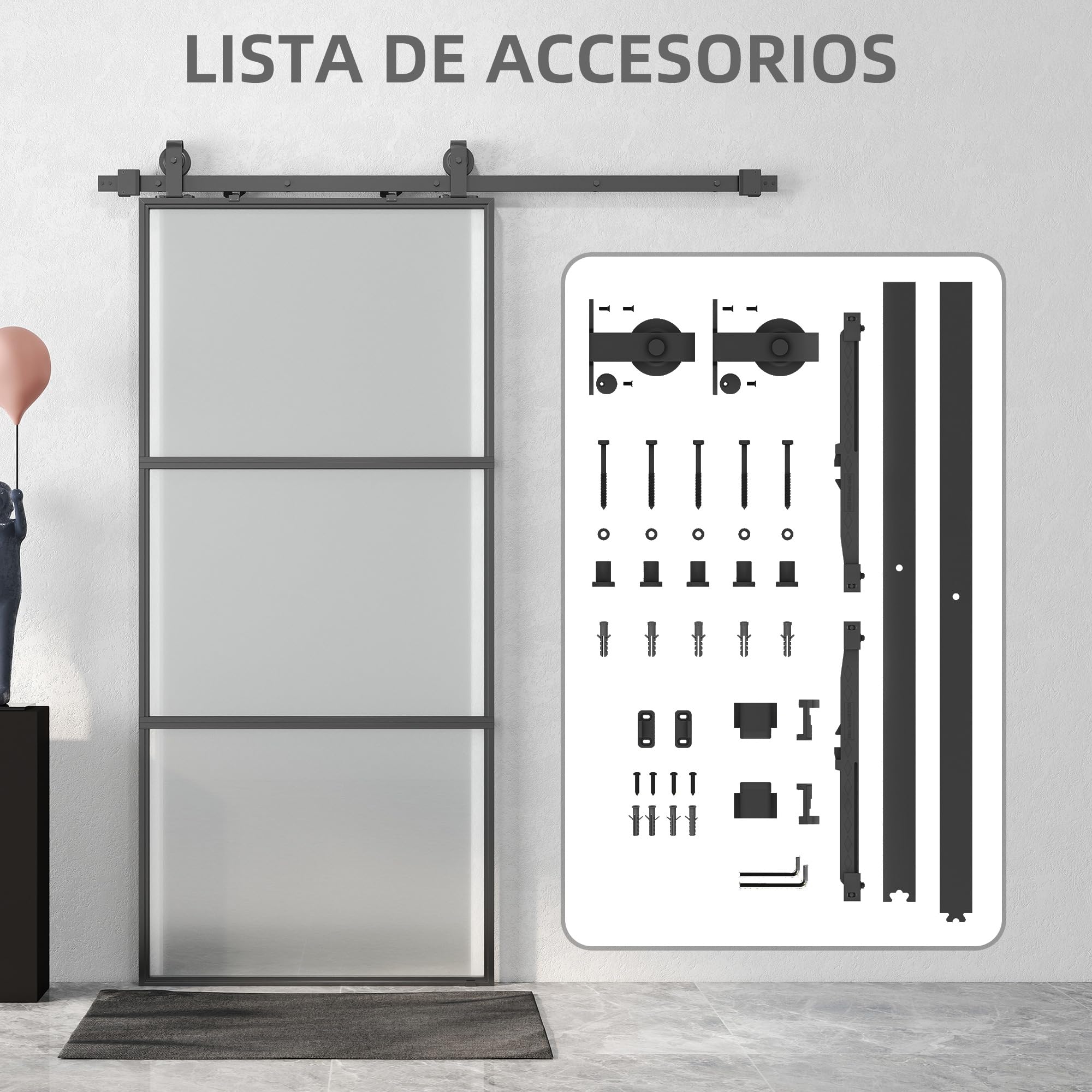 HOMCOM Puerta Corredera con Herrajes 91,4x203,2 cm Puerta Corredera de Cristal con Mecanismo Cierre Suave para Baño Salón Sala de Estar Cocina Negro