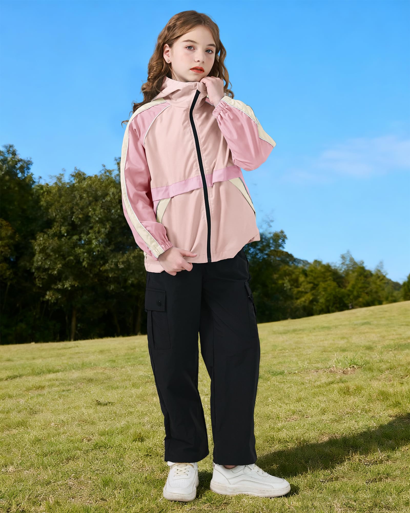 Rolanko Veste Imperméable avec Capuche pour Filles, Léger Veste à Fermeture Éclair pour Extérieur pour Enfants Garçons