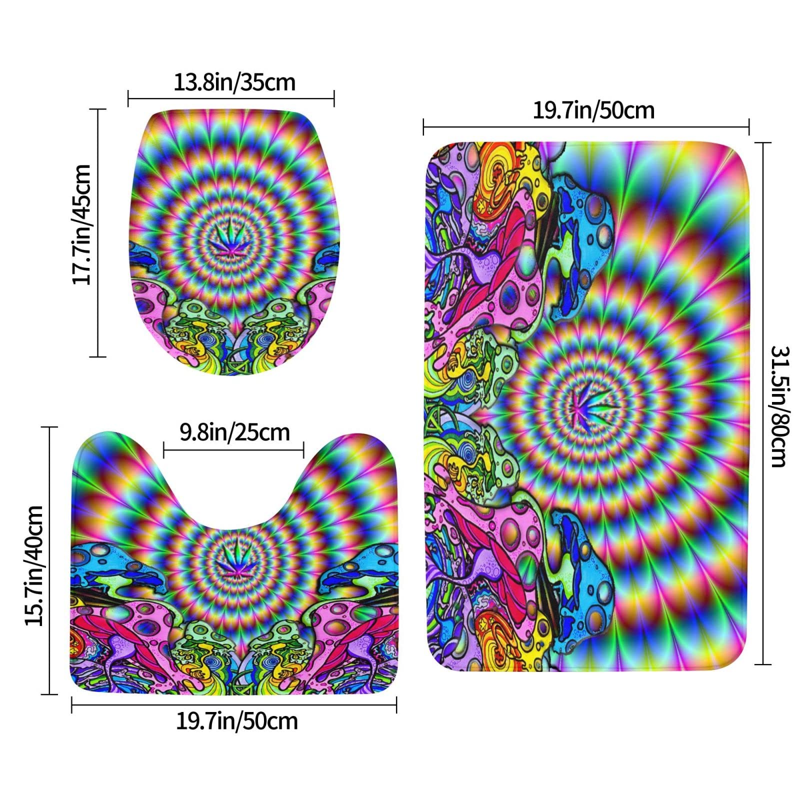 BAFAFA Lot de 3 tapis de bain motif mandala abstrait, champignon coloré, tapis de salle de bain super doux, antidérapant, tapis de toilette avec tapis en forme de U pour salle de bain, baignoire,