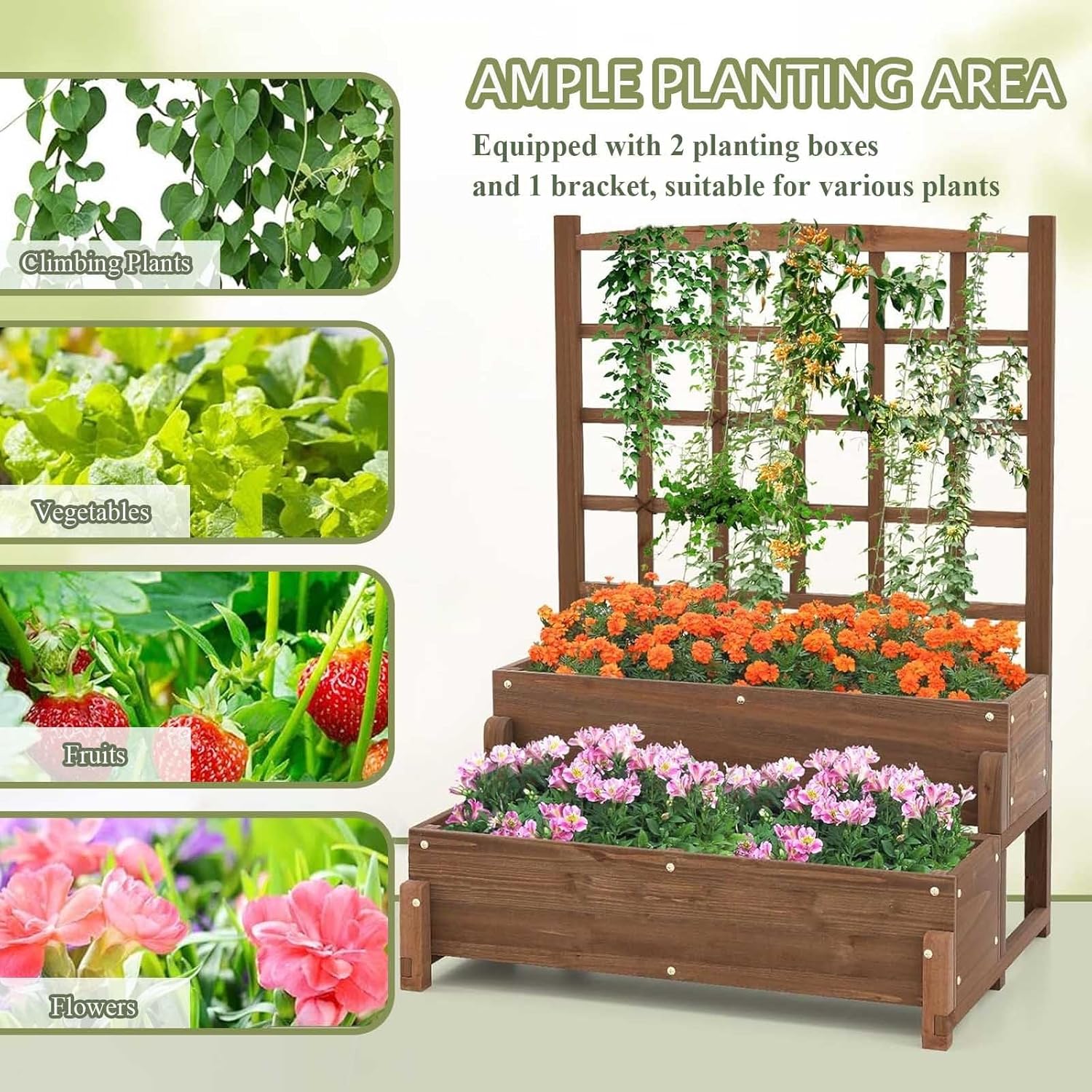 Wooden Raised Garden Bed,2-Tier Gardening Planters with Legs & Drainage Holes,Elevated Planter Box,Raised Plant Bed with Trellis & 2 Planter Boxes for Patio Balcony Backyard Garden Lawn(1)
