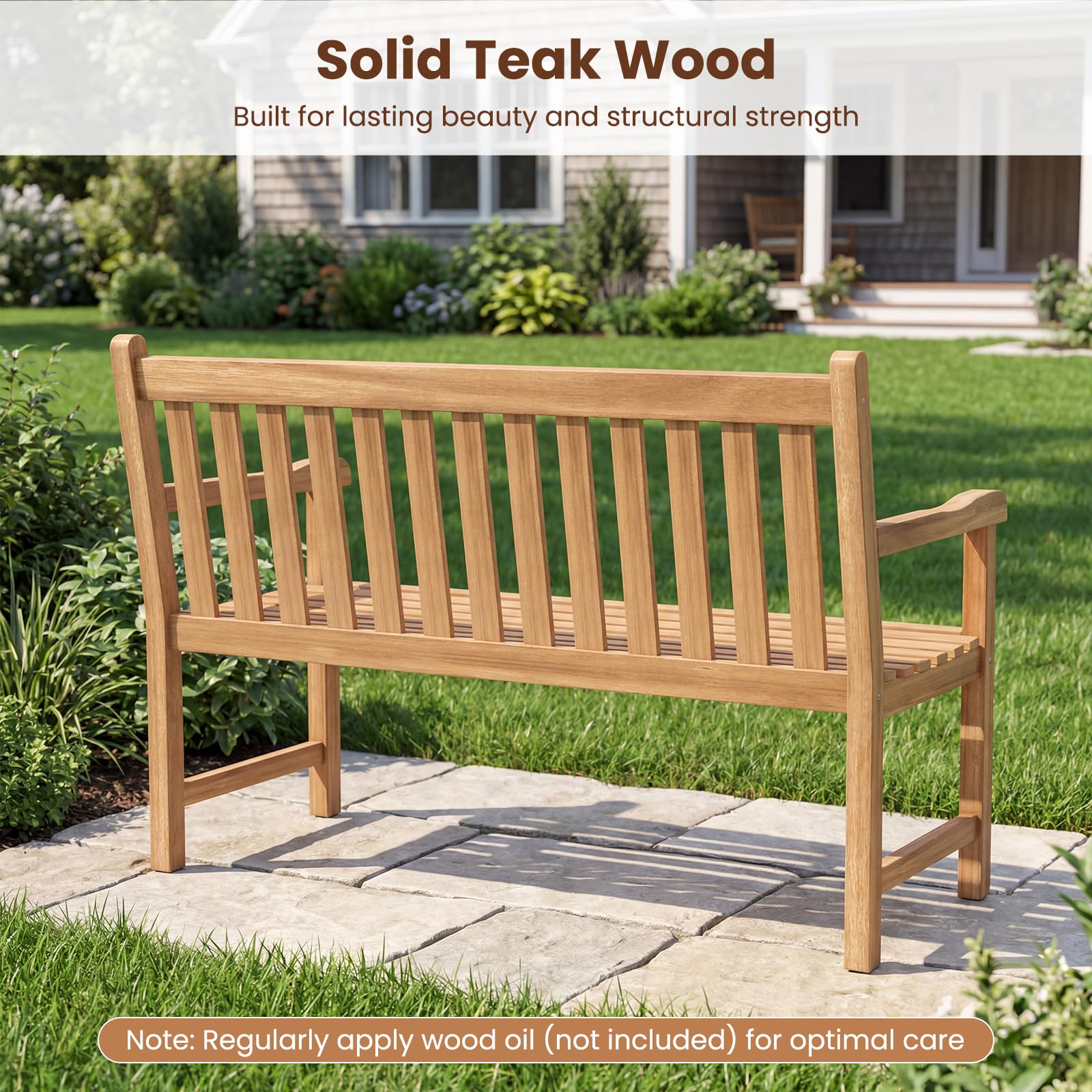 Tangkula 51" Teak Wood Outdoor Bench, 2-Person Solid Wood Garden Patio Bench with Backrest and Armrests, Wooden Loveseat Seating Furniture for Porch, Balcony, Backyard and Deck