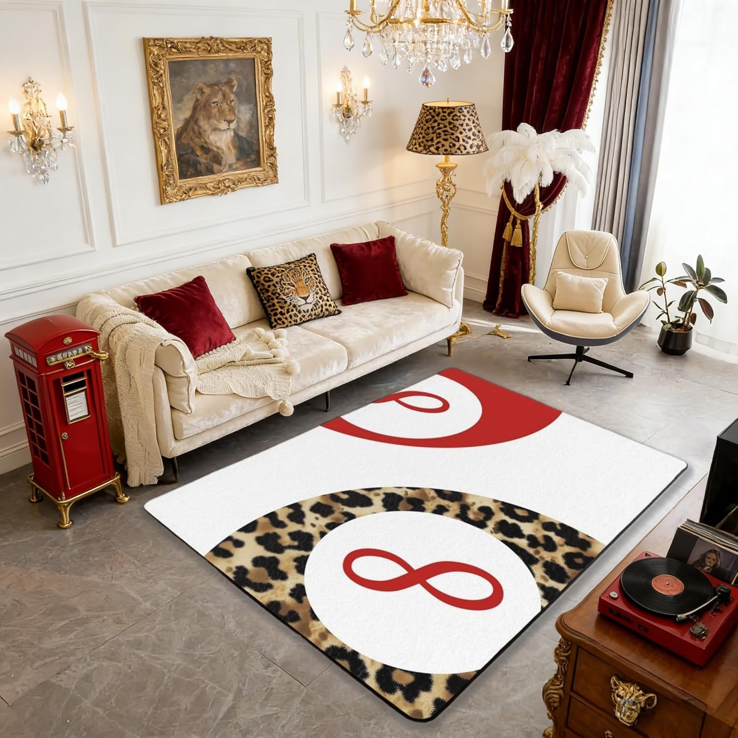 Manfei Lucky 8 Ball Kids Area Rug,Leopard Funky Y2K Coquette Indoor Floor Mat Entrance Rug for Girls Boys,Preppy Cheetah Trendy Non Slip Rug,White Red Brown Couch Living Room Decor,3'x5'