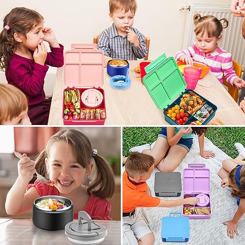 Miniatura 8 de Lonchera Bento para Niños con Termo para Sopa de 8oz, Contenedores de Comida para Almuerzo Impermeables para Niños con 4 Compartimentos, Tarro Negro