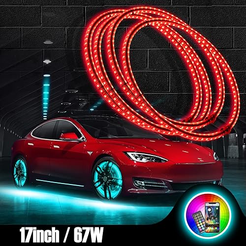 Luz de anillo de rueda LED de doble fila RGB de 17 pulgadas, luz de borde más brillante, control remoto y aplicación controlada simultáneamente