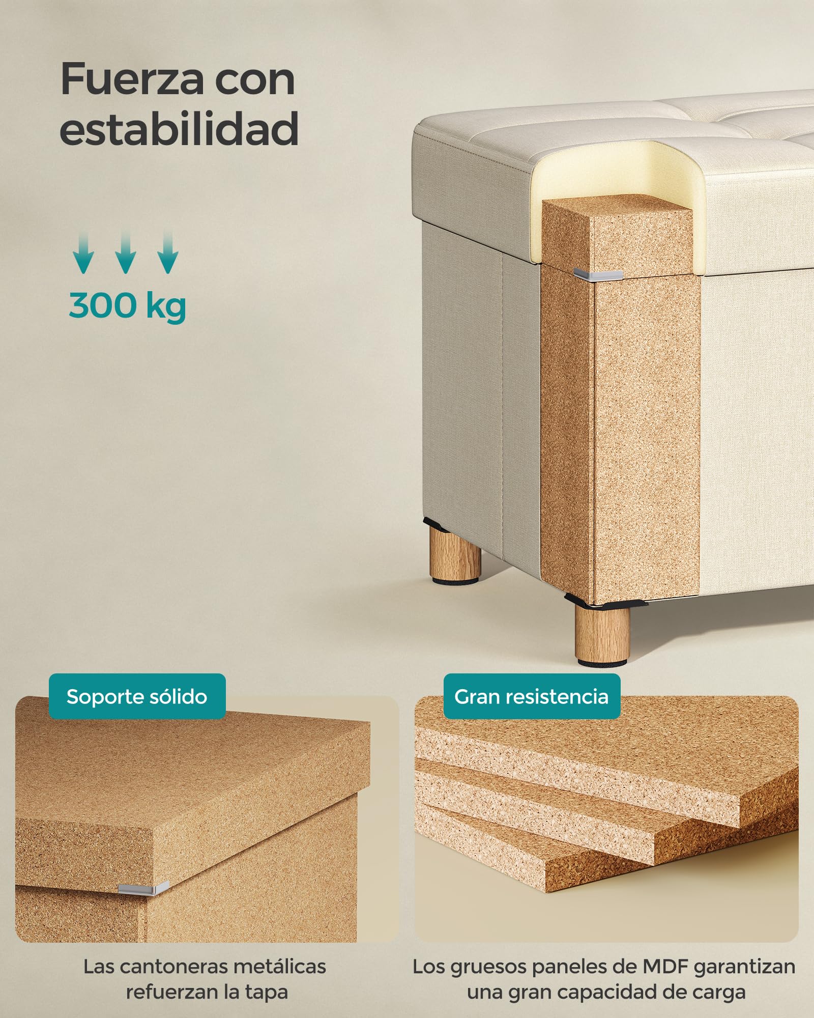 SONGMICS Puff Almacenaje, Baúl Plegable con Patas, 38 x 110 x 40 cm, Banco de Pie de Cama, Banco Almacenaje, Soporta hasta 300 kg, para Sala de Estar, Dormitorio, Entrada, Blanco Crema LSF018W11