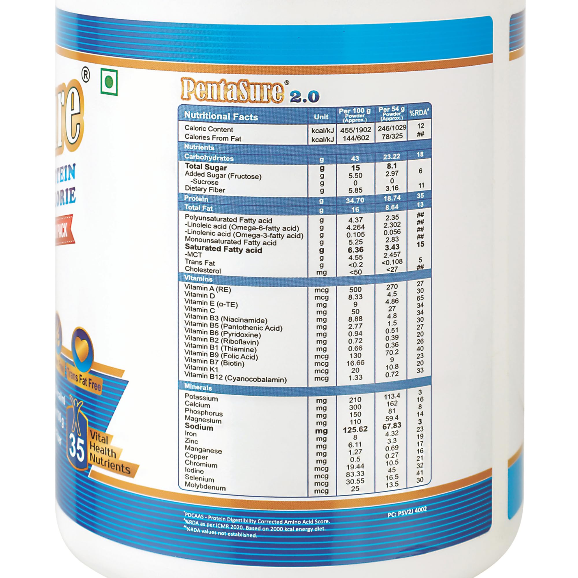 PentaSure 2.0 High Protein High Calorie | Lean Mass Gainer Powder | Weight Gain Supplement with Vitamin & Mineral | Vanilla flavor - 400g | 34.7g Protein per 100g 2