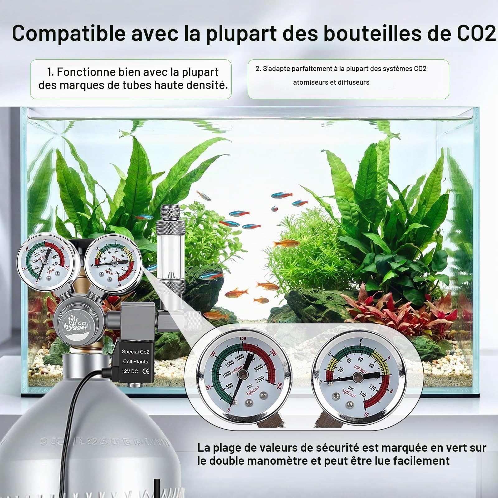 Régulateur de CO2 Aquarium Solenoid Double Manomètre Réducteur de Pression | avec Compteur de Bulles avec Valve Clapet Anti-Retour, Interface W21.8 co2 regulator aquarium pour Aquarium Planté tank