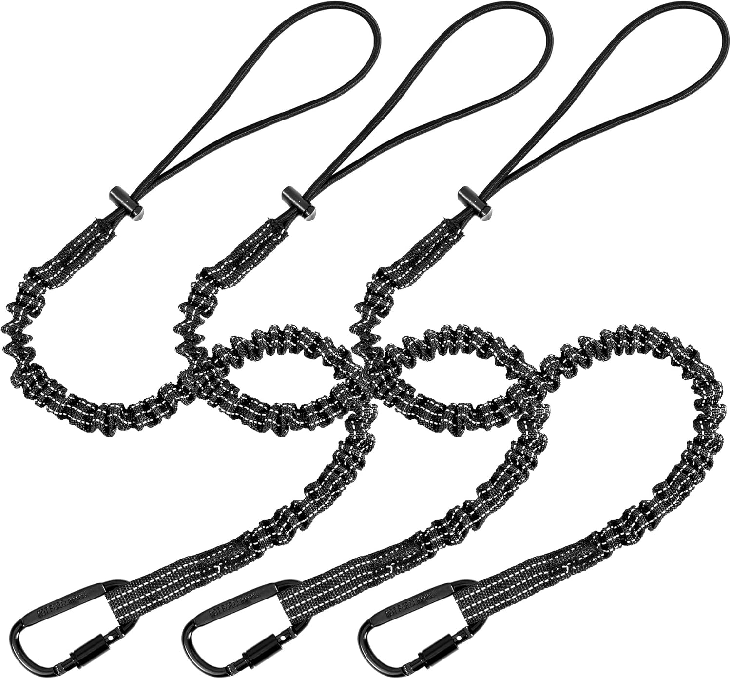 Safety Lanyard Tool - Fall Protection Tether with Aluminum Screw Lock Buckle, Shock Cord Stopper and Retractable Loop 12 Pack Black