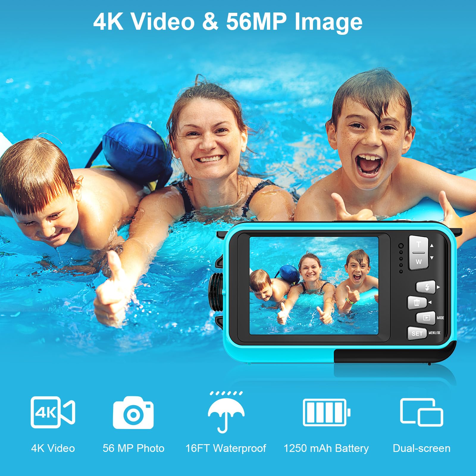 Unterwasserkamera, YISENCE UHD 4K 56MP Autofocus Digitalkamera wasserdichte mit Einer 32GB Karte Selfie Doppelte Bildschirme wasserdichte Kamera zum Schnorcheln