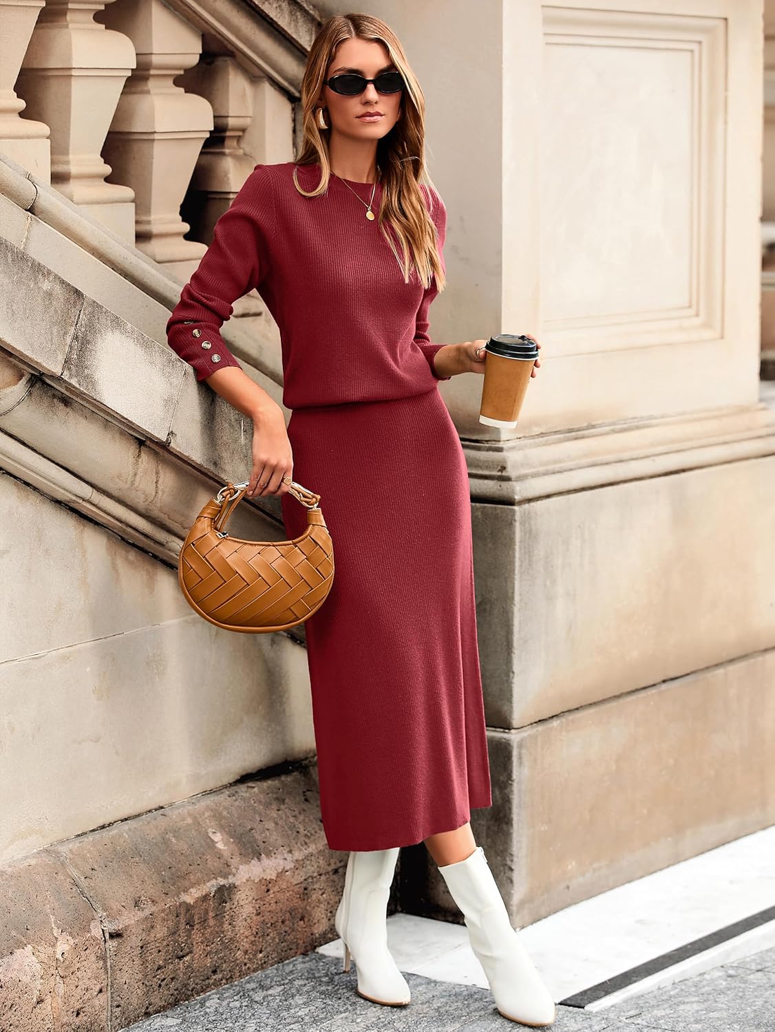 Glamaker Womens 2 Piece Skirt Sets Fall Long Sleeve Sweater Dress Casual Knit Midi Dress Travel Outfits Winter Clothes 2025 - Image 3