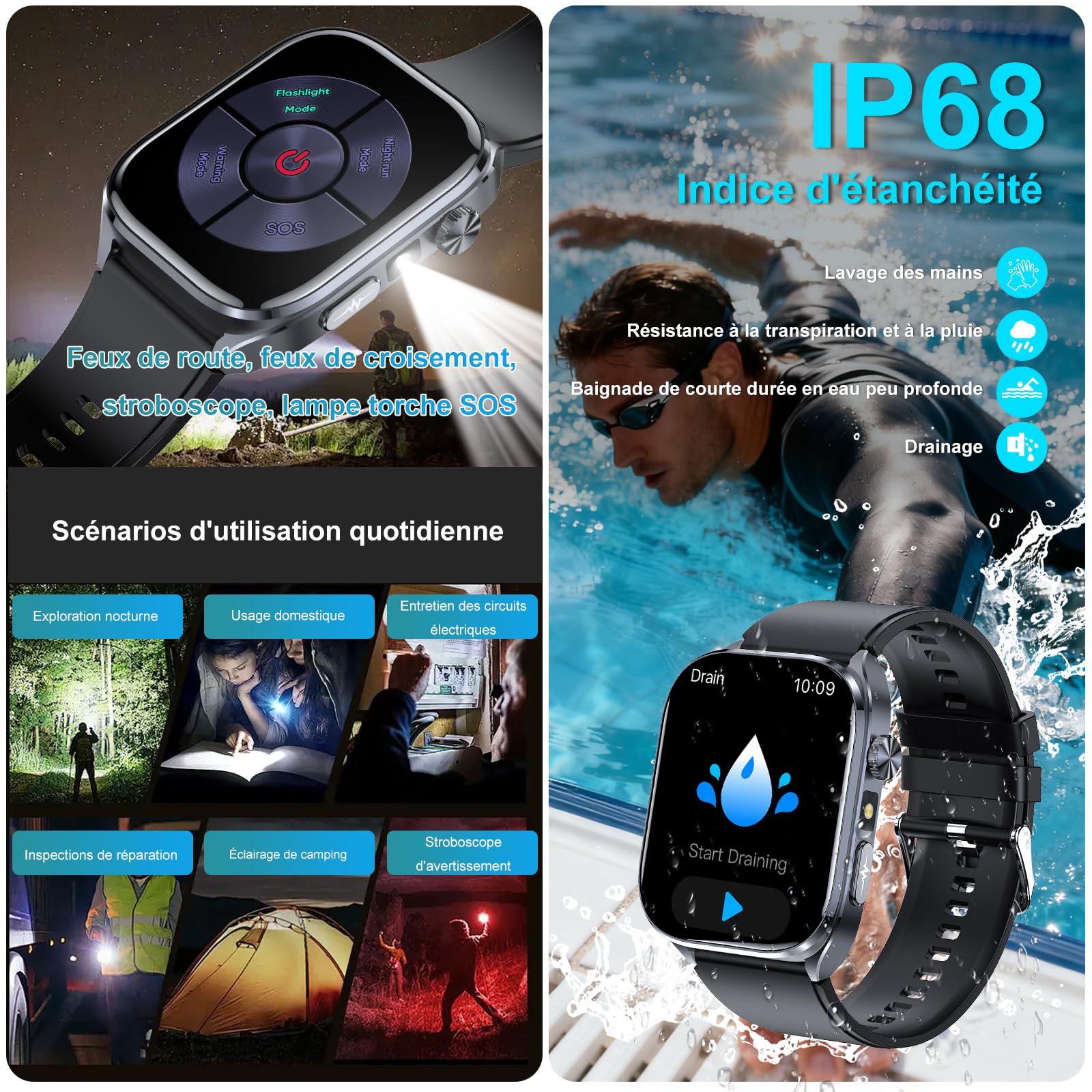 Montre Connectée Homme avec ECG+HRV, 2.0" AI-GPT Smartwatch avec Torche LED | Assistant IA & Cadrans IA personnalisables, Mini-bilan de santé, Étanche IP68, Appel Bluetooth, SOS, Analyse du Sommeil