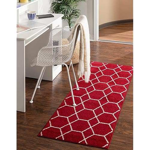Unique Loom Trellis Frieze Collection Area Rug-Modern Morroccan Inspired Geometric Lattice Design, 2 ft x 8 ft 8 in, Red/White