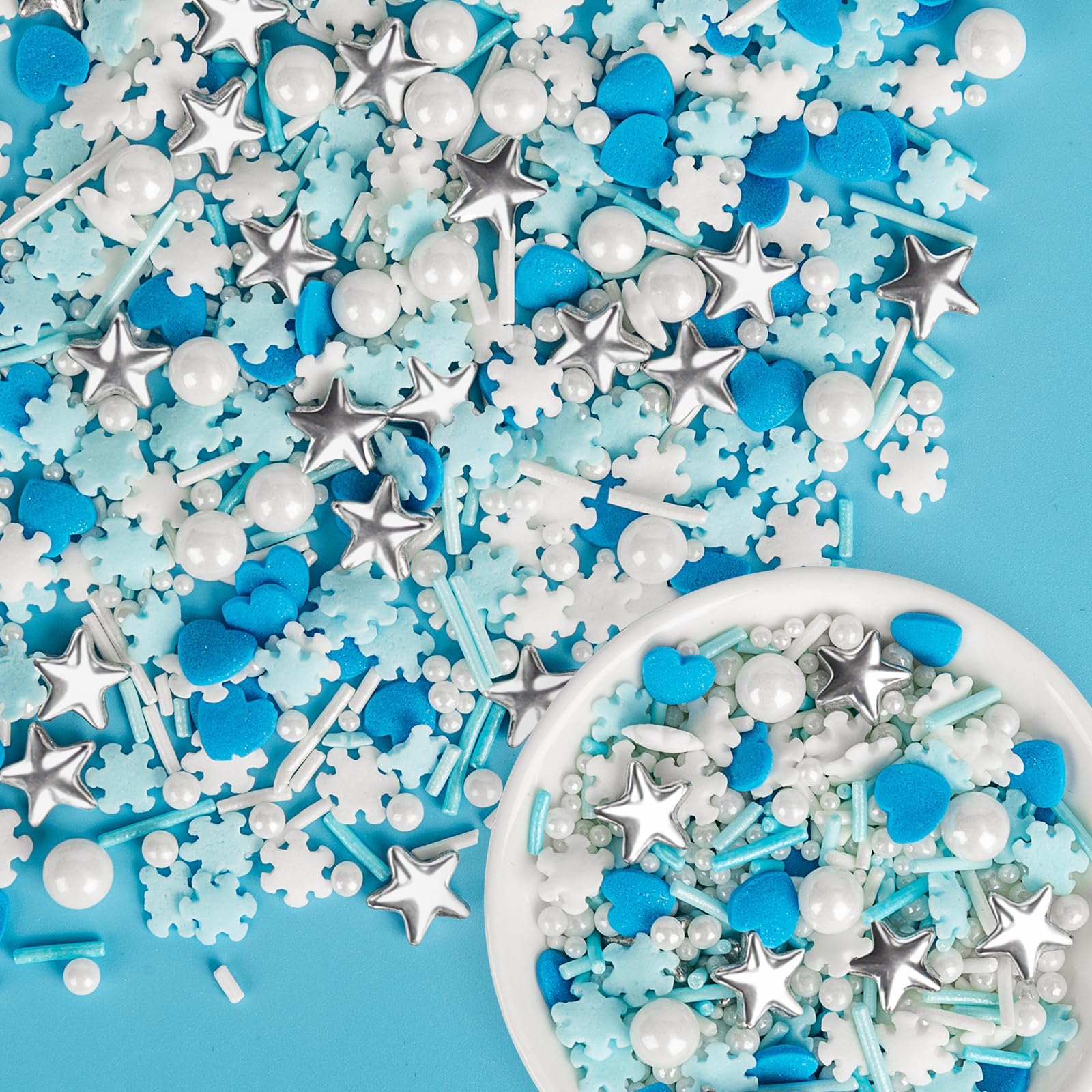Edible Snowflake Sprinkles,Frozen Sprinkle for Cake,Blue Heart White Snowflake Silver Star Pearl Jimmies Mix,130g/4.58oz,Winter Snow Sugar Pearls Sprinkles for Decorations Baking,Cake Ice Cream Cookies Cupcake Topper Chocolate,Birthday Children Party Dessert Decorating