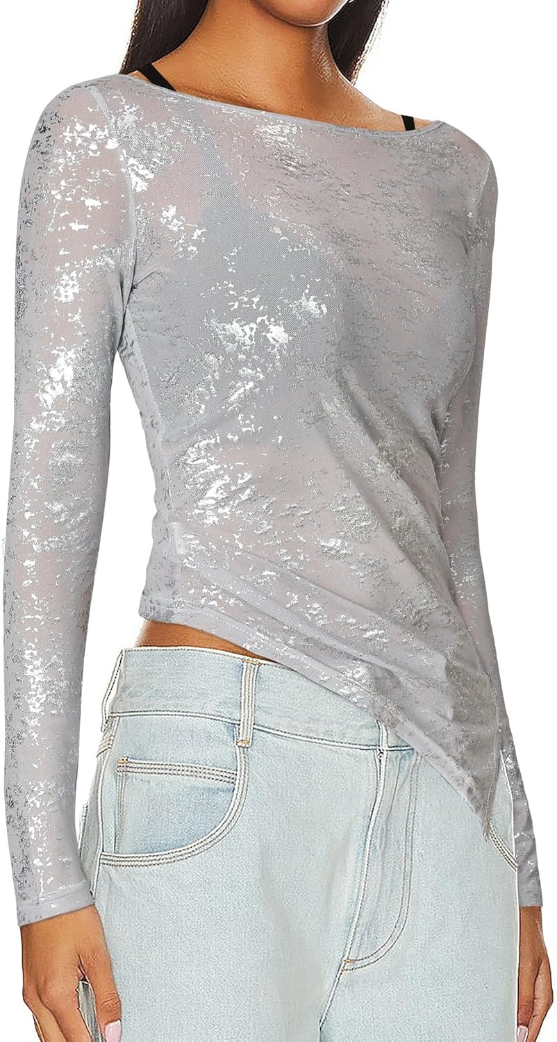 Women's Long Sleeve See Through Glitter Tops Ladies Boat Neck Mesh Sheer Sparkly Sexy Tight Blouses - Image 3