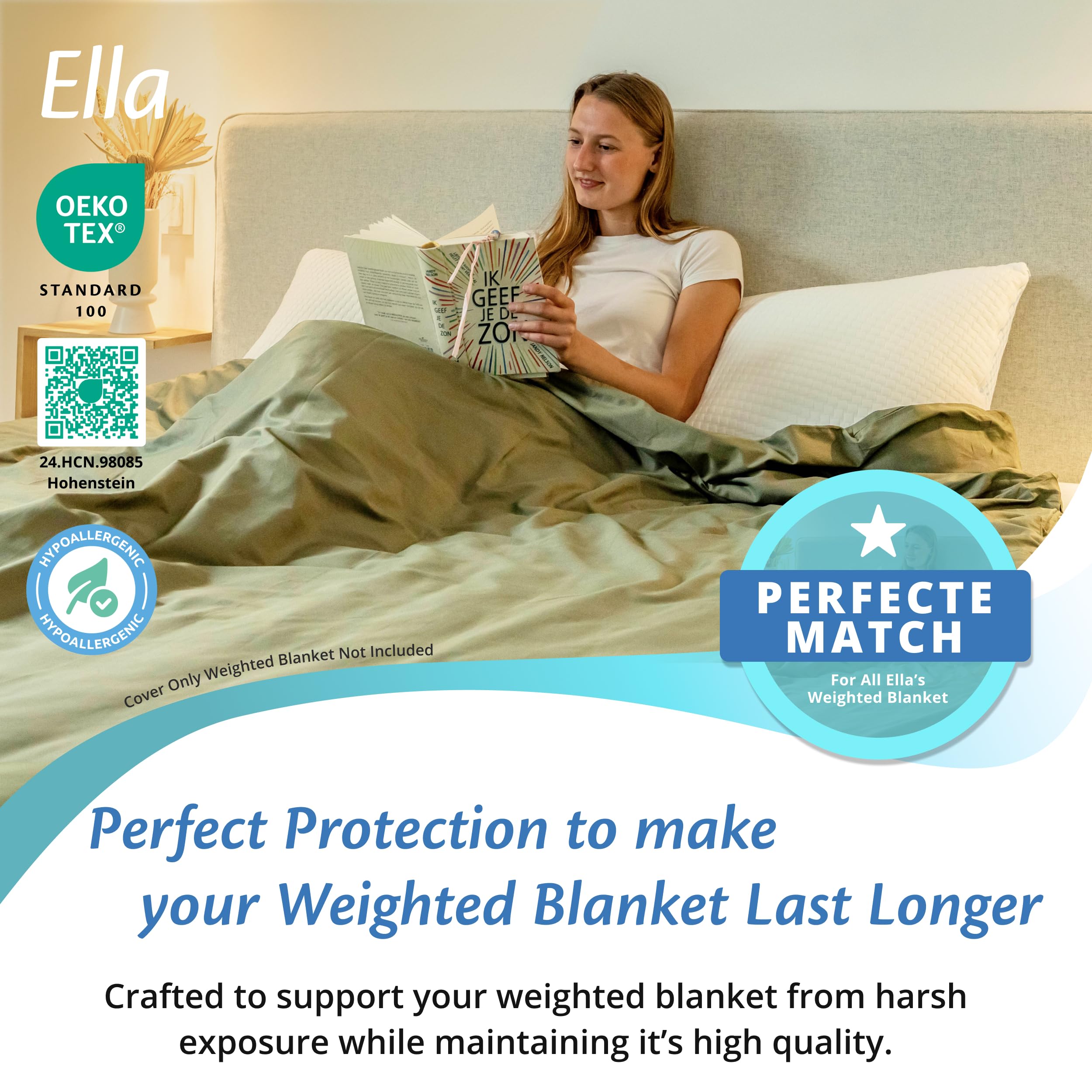 Ella Copripiumino 150 x 200 cm per coperta pesante, realizzato in 100% cotone, adatto per coperte da 7 kg e 9 kg, verde oliva chiaro